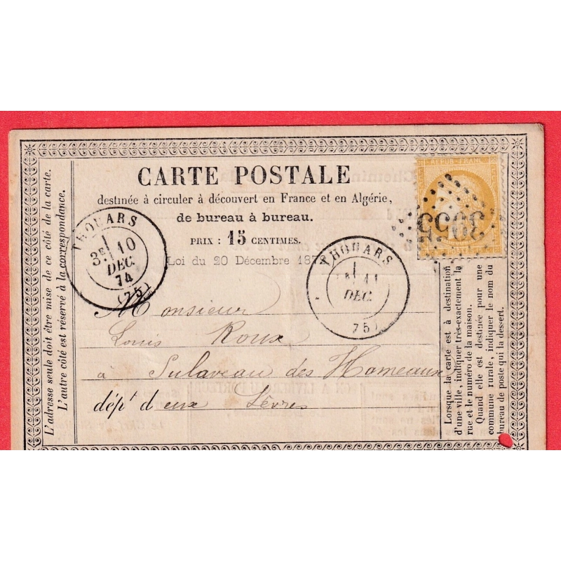 N°59 GC 3955 THOUARS DEUX SEVRES CARTE PRECURSEUR REPIQUEE CHEMINS DE FER DE VENDEE CACHET DE GARE AU DOS
