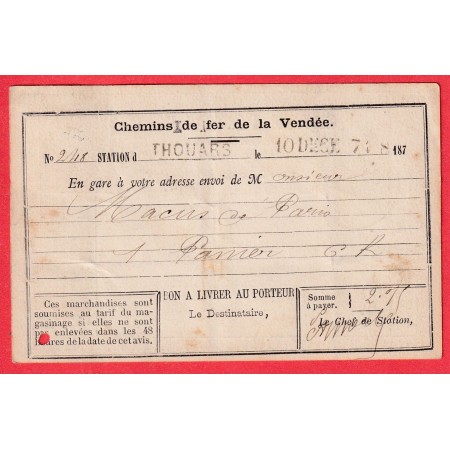 N°59 GC 3955 THOUARS DEUX SEVRES CARTE PRECURSEUR REPIQUEE CHEMINS DE FER DE VENDEE CACHET DE GARE AU DOS