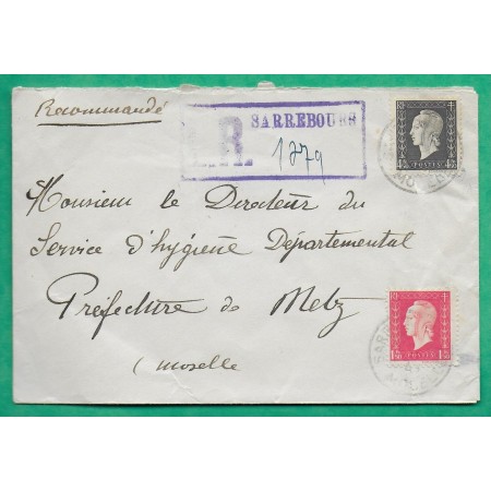 N°691 + 696 MARIANNE DULAC SERIE DE LONDRES RECOMMANDE PROVISOIRE SARREBOURG MOSELLE POUR PREFECTURE METZ 1945 FRANCE