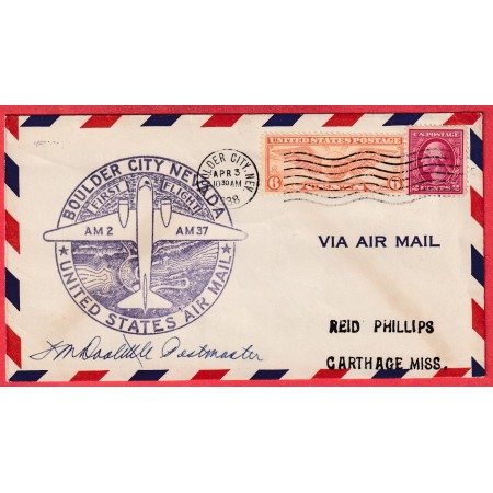 ETATS UNIS 1927 1ER VOL FIRST FLIGHT BOULDER CITY NEVAD 1938 AIR MAIL SERVICE 1938 SIGNATURE PILOTE ??