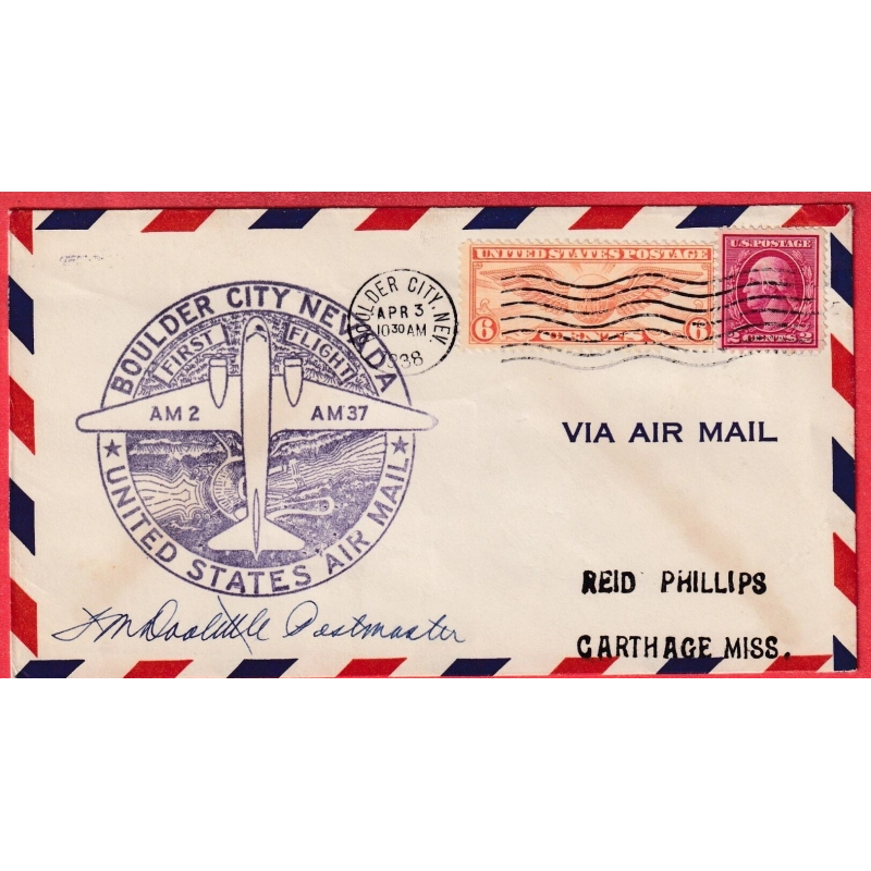 ETATS UNIS 1927 1ER VOL FIRST FLIGHT BOULDER CITY NEVAD 1938 AIR MAIL SERVICE 1938 SIGNATURE PILOTE ??