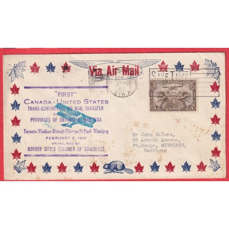 CANADA 1ER VOL FIRST FLIGHT TRANS CONTINENTAL AIR MAIL SERVICE TORONTO WINDSOR DETROIT CHICAGO ST PAUL WINNIPEG 1931