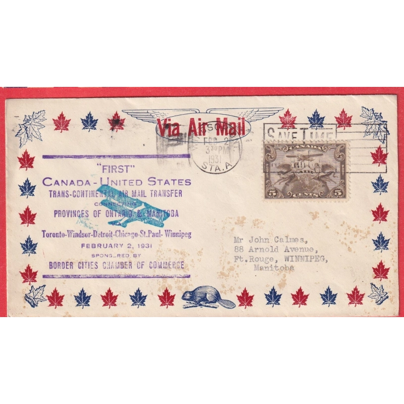CANADA 1ER VOL FIRST FLIGHT TRANS CONTINENTAL AIR MAIL SERVICE TORONTO WINDSOR DETROIT CHICAGO ST PAUL WINNIPEG 1931