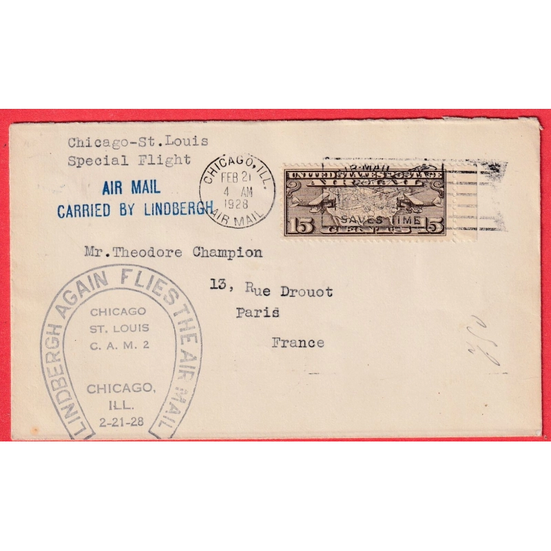 ETATS UNIS 1ER VOL FIRST FLIGHT 1928 CHICAGO ST LOUIS LINDBERGH AGAIN FLIES THE AIR MAIL POUR PARIS FRANCE