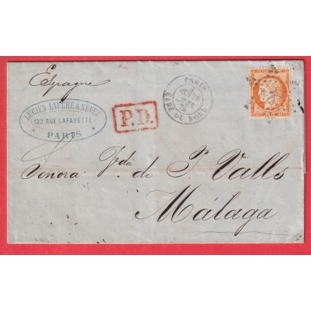 N°38 PARIS ETOILE 26 GARE DU NORD POUR MALAGA ESPAGNE SPAIN 1875