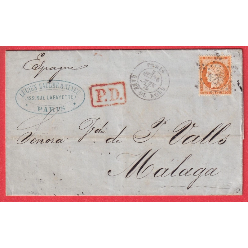 N°38 PARIS ETOILE 26 GARE DU NORD POUR MALAGA ESPAGNE SPAIN 1875