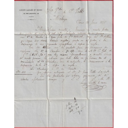 N°38 PARIS ETOILE 26 GARE DU NORD POUR MALAGA ESPAGNE SPAIN 1875