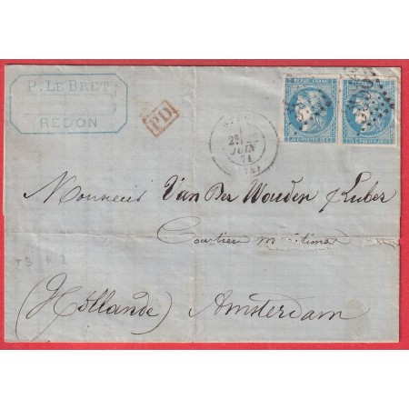 N°46B X2 TTB GC 3096 REDON ILLE ET VILAINE POUR AMSTERDAM PAYS BAS HOLLANDE NEDERLAND JUIN 1871