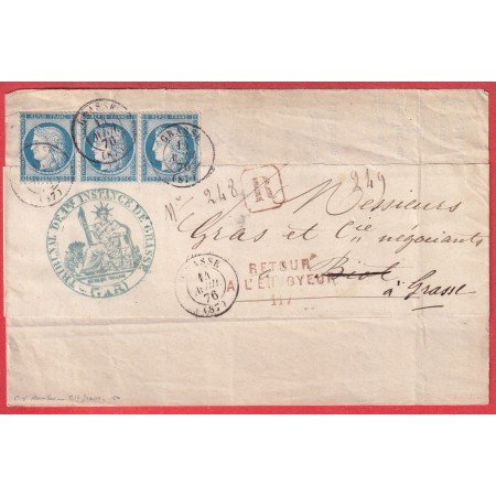 N°60 BANDE DE 3 CAD GRASSE ALPES MARITIMES 1876 RETOUR ENVOYEUR 117 ANTIBES LETTRE POUR BIOT