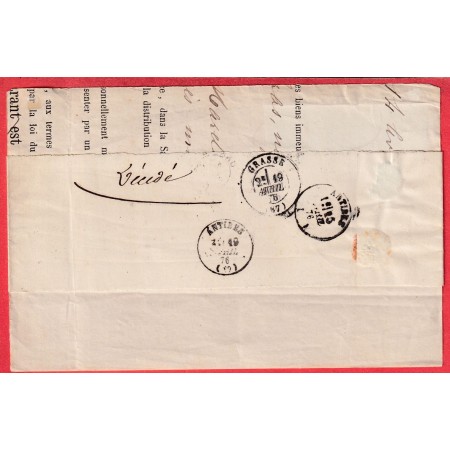 N°60 BANDE DE 3 CAD GRASSE ALPES MARITIMES 1876 RETOUR ENVOYEUR 117 ANTIBES LETTRE POUR BIOT