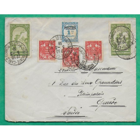 YT N°122 x2 + 150 + 157 x3 BEL AFFRANCHISSEMENT PRINCIPAUTE MONACO MONTE CARLO POUR GENEVE SUISSE 1938 LETTRE COVER