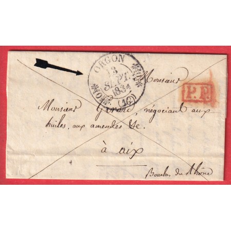 CAD TYPE 11 ORGON BOUCHES DU RHONE PP ROUGE 1834 POUR AIX EN PROVENCE INDICE 10
