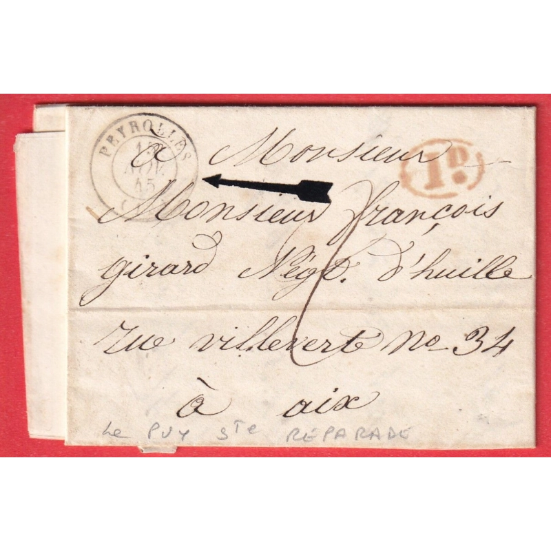 CAD TYPE 15 PEYROLLES BOUCHES DU RHONE DECIME RURAL LE PUY SAINTE REPARADE POUR AIX EN PROVENCE 1845