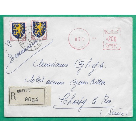 EMA 2F ROUGE + COMPLEMENT AFFRANCHISSEMENT N°1354 x2 BLASON NEVERS RECOMMANDE DRAVEIL ESSONNE POUR CHOISY LE ROI 1967