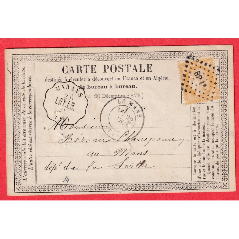 N°59 CARTE PRECURSEUR REPIQUEE CONVOYEUR STATION MARANS CHARENTE INFERIEURE LIGNE LRY.LR INDICE 14