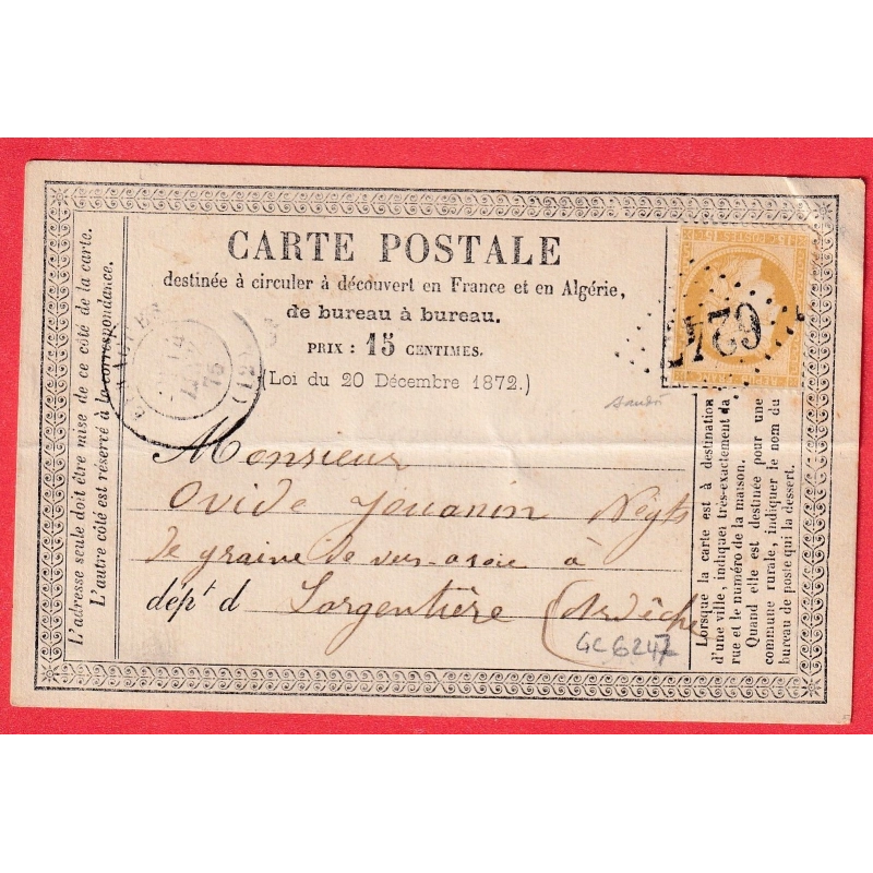 N°55 GC 6247 EYRAGUES BOUCHES DU RHONE CARTE PRECURSEUR LARGENTIERE ARDECHE SIGNE BAUDOT INDICE 19