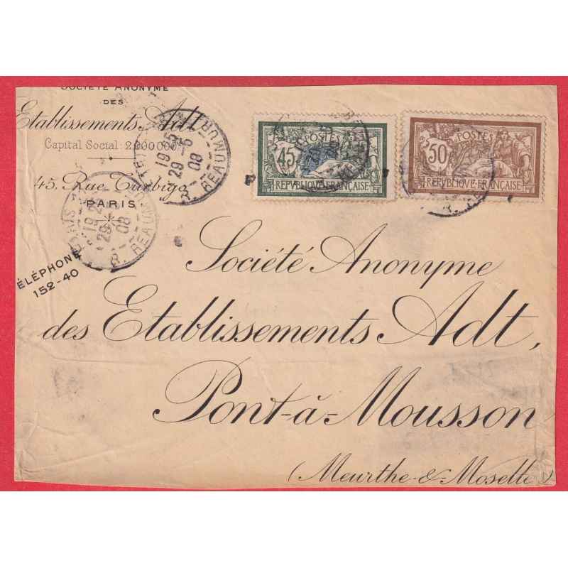 N°120 143 MERSON PARIS LEVEE EXCEPTIONNELLE PARIS 116 R REAUMUR 1908 9EME ECHELON DE POIDS DEVANT DE LETTRE