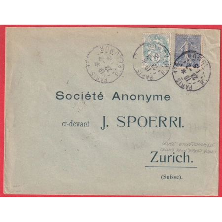N°111 132 PARIS LEVEE EXCEPTIONNELLE PARIS 116 R REAUMUR 1908 POUR ZURICH SUISSE