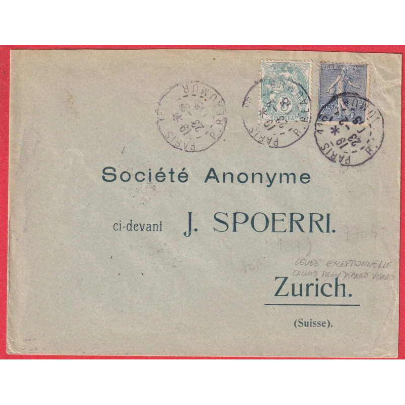 N°111 132 PARIS LEVEE EXCEPTIONNELLE PARIS 116 R REAUMUR 1908 POUR ZURICH SUISSE