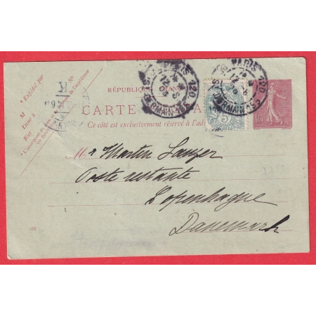 ENTIER SEMEUSE 10C + N°111  PARIS LEVEE EXCEPTIONNELLE PARIS 120 BD ST GERMAIN 195 COPENHAGUE DANEMARK