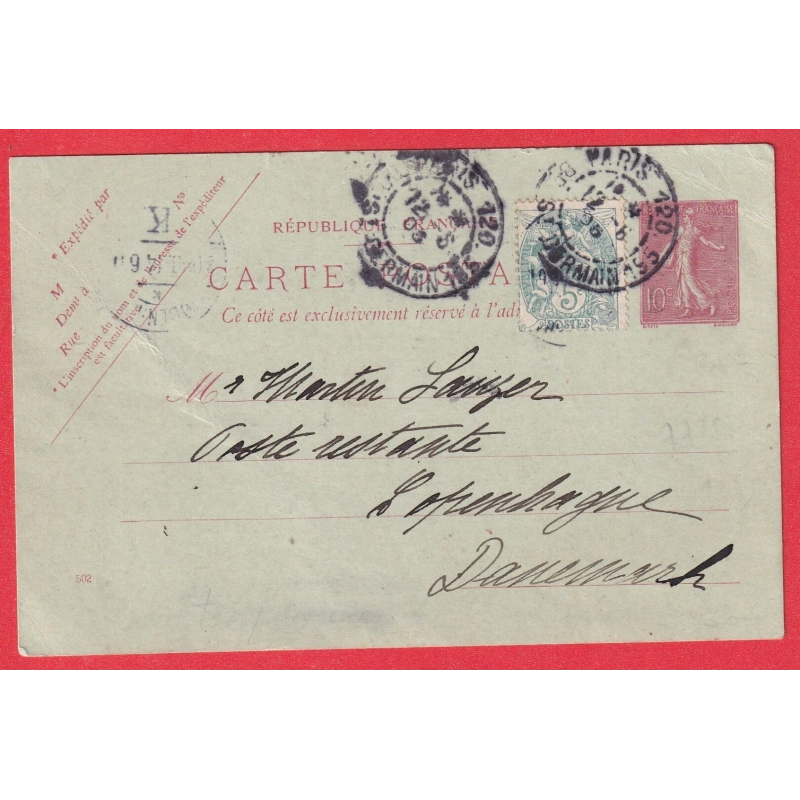 ENTIER SEMEUSE 10C + N°111  PARIS LEVEE EXCEPTIONNELLE PARIS 120 BD ST GERMAIN 195 COPENHAGUE DANEMARK