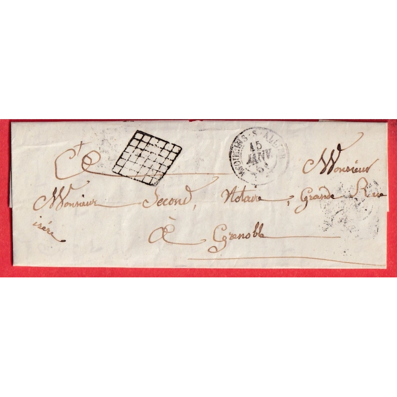 BELLE CURIOSITE GRILLE MOULINS SUR ALLIER TIMBRE N°4 AU DOS DE LA LETTRE POUR GRENOBLE