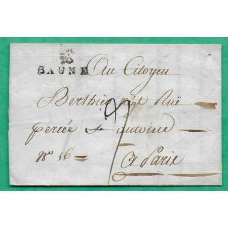 MARQUE 20 BAUNE BEAUNE COTE D'OR POUR PARIS PERIODE REVOLUTIONNAIRE 25.5x8 1793 LETTRE COVER FRANCE