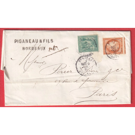 N°38 65 MIXTE SAGE CERES CAD T18 BORDEAUX GIRONDE 1877 POUR PARIS