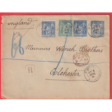 ENTIER SAGE RECOMMANDE + 75 90 X2 ST DIZIER HAUTE MARNE 1886 COLCHESTER ANGLETERRE ENGLAND VIA LONDON