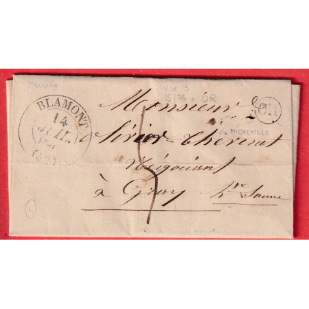 CAD TYPE 13 BLAMONT MEURTHE ET MOSELLE OR DE MIGNEVILLE POUR GRAY HAUTE SAONE 14 JUILLET 1848