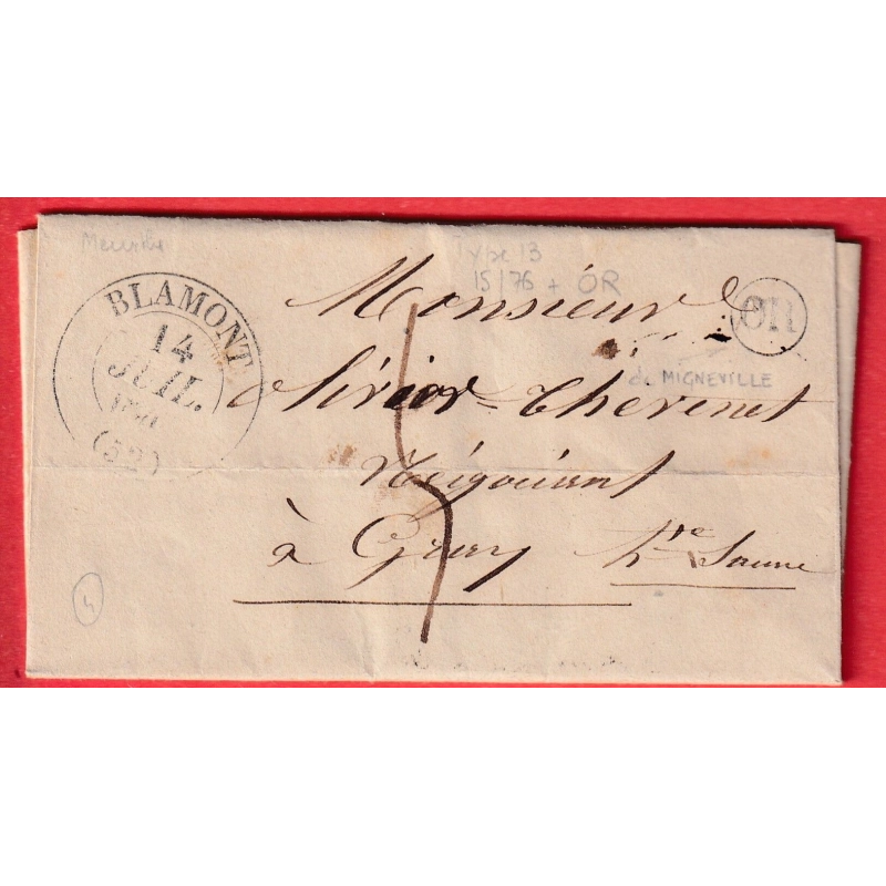CAD TYPE 13 BLAMONT MEURTHE ET MOSELLE OR DE MIGNEVILLE POUR GRAY HAUTE SAONE 14 JUILLET 1848