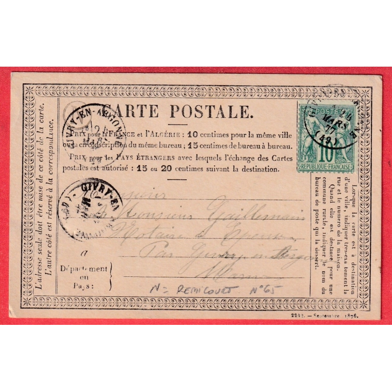 N°65 CAD TYPE 16 GIVRY EN ARGONNE MARNE BOITE RURALE N REMICOURT CARTE PRECURSEUR LOCALE