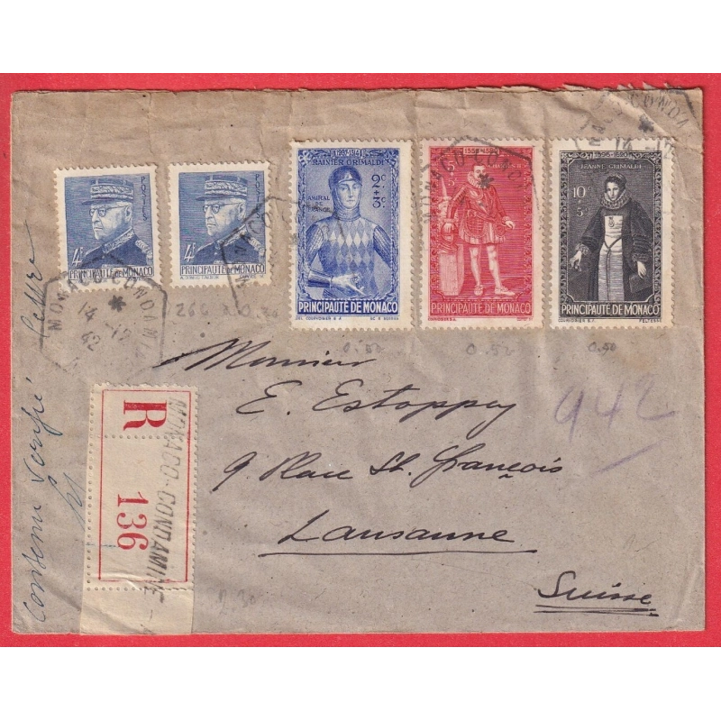 MONACO CONDAMINE CACHET HEXAGONAL 1942 RECOMMANDE LAUSANNE SUISSE