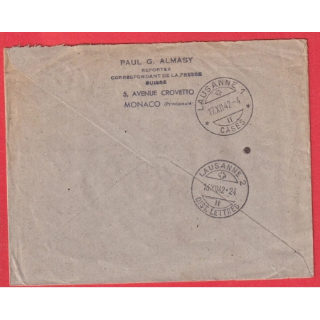 MONACO CONDAMINE CACHET HEXAGONAL 1942 RECOMMANDE LAUSANNE SUISSE