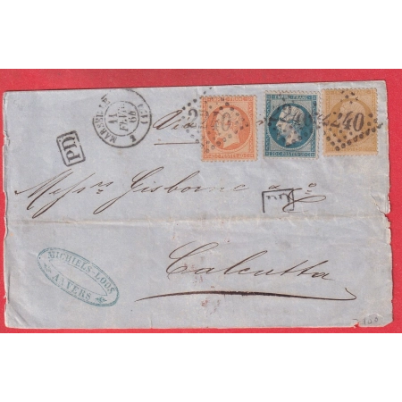 N° 21 22 23 GC 2240 MARSEILLE ACHEMINE ANVERS BELGIQUE POUR CALCUTTA INDE INDIA TRICOLORE DEVANT DE LETTRE CACHET ARRIVE