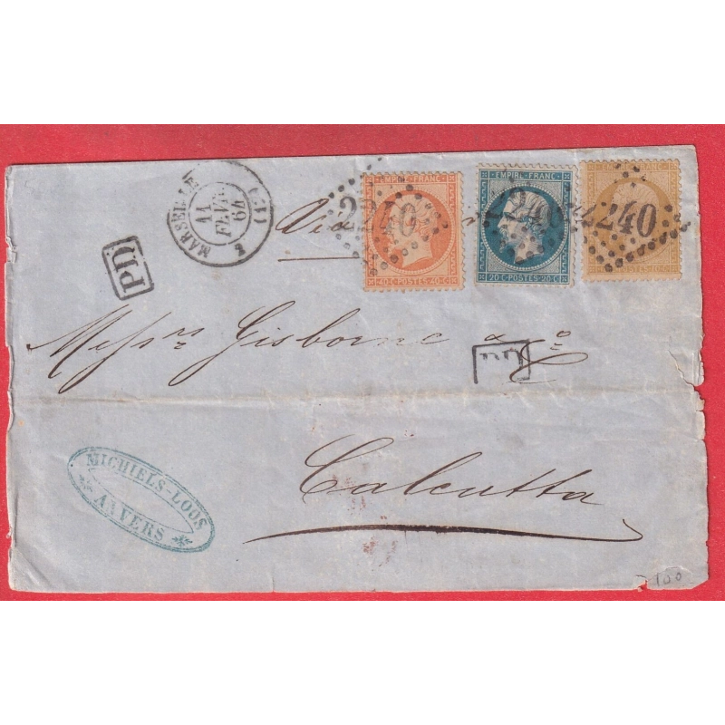 N° 21 22 23 GC 2240 MARSEILLE ACHEMINE ANVERS BELGIQUE POUR CALCUTTA INDE INDIA TRICOLORE DEVANT DE LETTRE CACHET ARRIVE