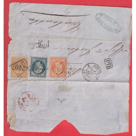 N° 21 22 23 GC 2240 MARSEILLE ACHEMINE ANVERS BELGIQUE POUR CALCUTTA INDE INDIA TRICOLORE DEVANT DE LETTRE CACHET ARRIVE