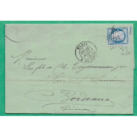 N°60C VARIETE TACHE MEDAILLON ETOILE DE PARIS N°24 R. DE CLERY BELLE FACTURE ILLUSTREE POUR BORDEAUX GIRONDE 1875