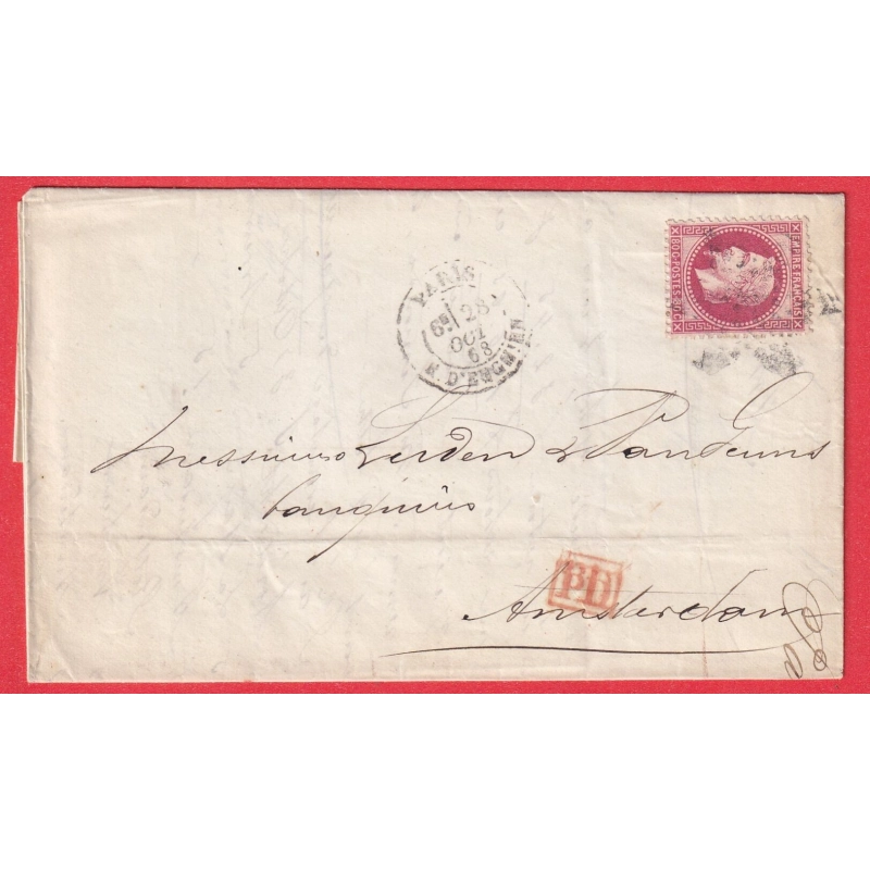 N°32 PARIS ETOILE 4 R D'ENGHIEN POUR AMSTERDAM PAYS BAS HOLLANDE DOUBLE PORT ETIQUETTE PUB AU DOS