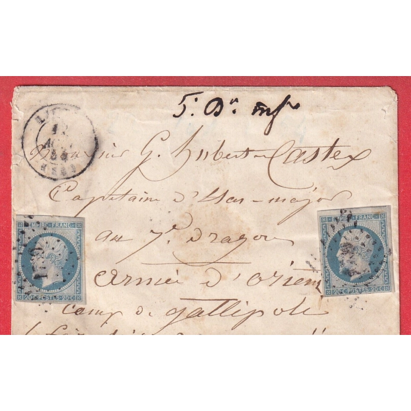 N°14 PC 1739 LITTRE CALVADOS POUR CAPITAINE DES DRAGONS ARMEE ORIENT CAMP DE GALLIPOLI AU DOS ARMEE ORIENT QUARTIER GAL