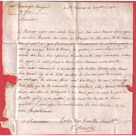 MARQUE MANUSCRIT ST CHAMAS BOUCHES DU RHONE 1741 LN°1 INDICE 21 POUR LYON