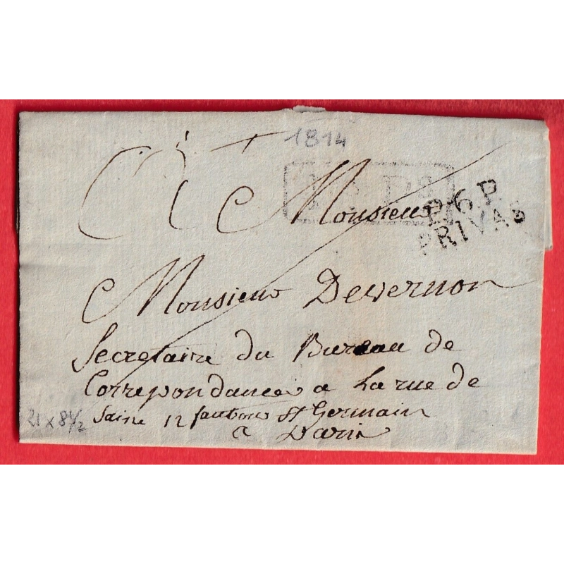 MARQUE P6P PRIVAS ARDECHE 1814 POUR PARIS INDICE 10