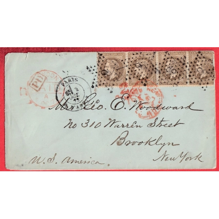 N°30 BANDE DE 4 PARIS ETOILE 8 POUR BROOKLYN NEW YORK USA 1872 ETATS UNIS AMERIQUE