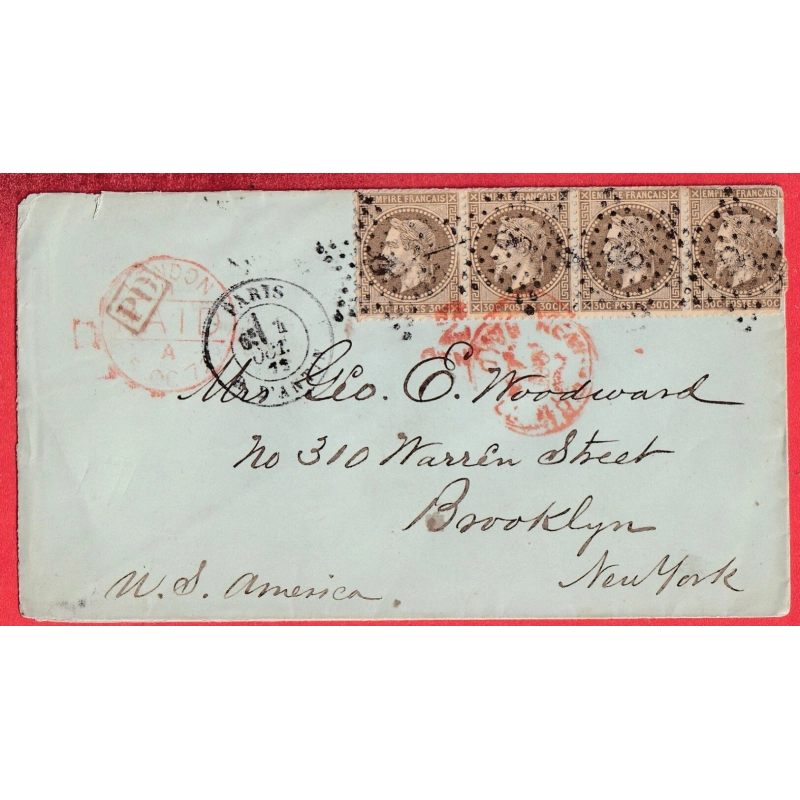 N°30 BANDE DE 4 PARIS ETOILE 8 POUR BROOKLYN NEW YORK USA 1872 ETATS UNIS AMERIQUE