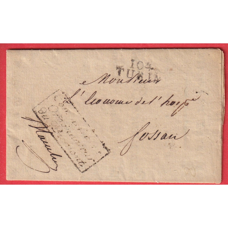 MARQUE 104 TURIN FRANCHISE LE COMMISSAIRE ORDONNATEUR DU PIEMONT SIGNE BLANCHEZ ARMEE ITALIE 1808 FOSSANO ITALIA