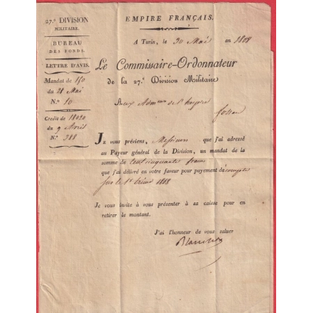 MARQUE 104 TURIN FRANCHISE LE COMMISSAIRE ORDONNATEUR DU PIEMONT SIGNE BLANCHEZ ARMEE ITALIE 1808 FOSSANO ITALIA