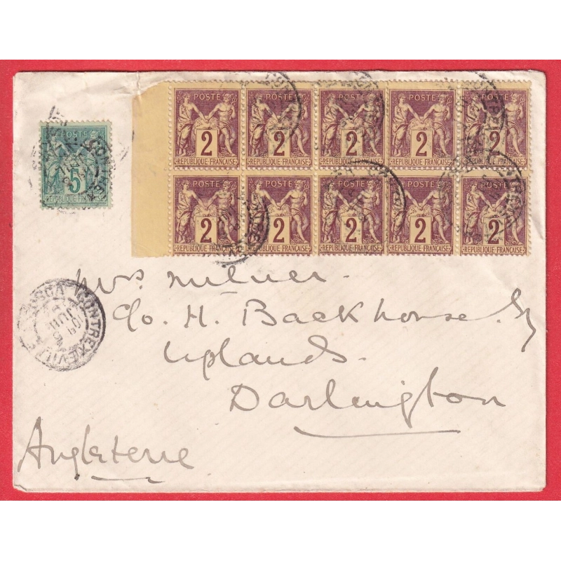 N°85 BLOC DE 10 + N°75 CONTREXEVILLE VOSGES 1897 POUR DARLINGTON ANGLETERRE