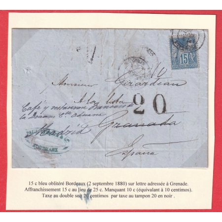 N°90 BORDEAUX GIRONDE 1880 TAXE 20 AU TAMPON ESPAGNE SPAIN GRENADE GRANADA