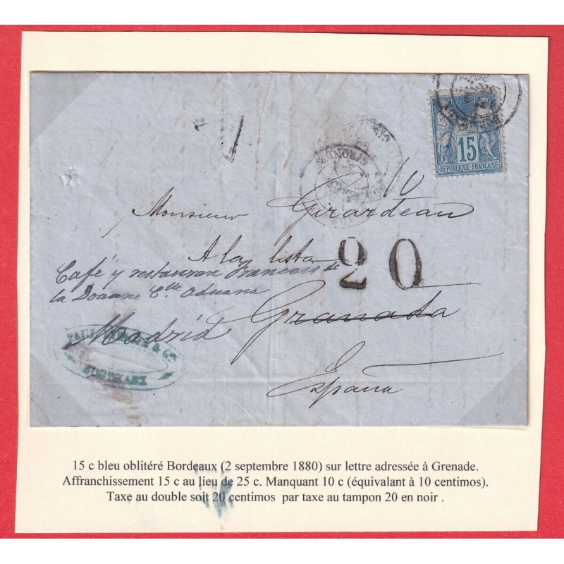 N°90 BORDEAUX GIRONDE 1880 TAXE 20 AU TAMPON ESPAGNE SPAIN GRENADE GRANADA