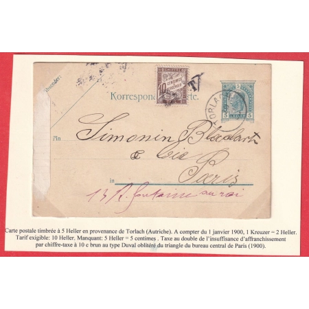 ENTIER AUTRICHE AUSTRIA 5 HELLER TROLACH TAXE 10C BRUN TYPE DUVAL PARIS 1900 1881